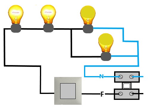 Diagrama de conexión de un circuito de cuatro bombillas conectadas en un circuito mixto